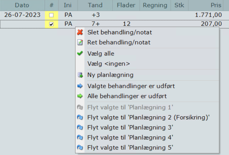 Planlagt behandling højrekliksmenu